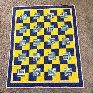 Baby Quilt Yellow Blue Moon Stars Angels Chevron Handmade Toddler Bedding